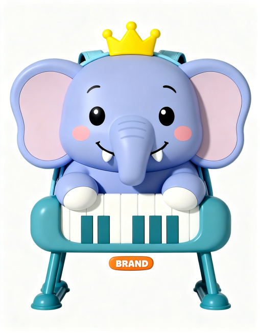 生成同系列风格比例的水枪背包产品，参考上传的两张产品图风格。将小动物形象换成大象，大象鼻子粗短可爱，眼睛笑眯眯，有迷你象牙，一对腮红，头戴黄色王冠，不生成嘴巴，上肢抽象成圆形，没有脖子，保持卡通抽象比预览效果