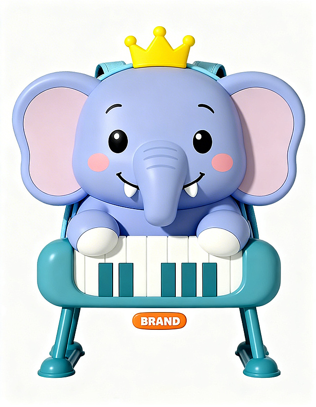 软3D风格的卡通小象戴皇冠弹钢琴，拟人化设计充满可爱与梦幻感，塑料质感呈现童趣节日氛围。
