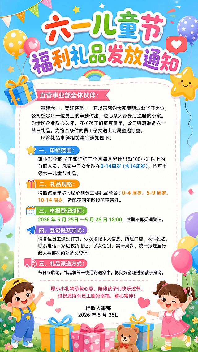 六一儿童节福利礼品发放通知海报，和之前的活泼可爱彩色童趣风格保持一致，保留气球、礼物盒、卡通儿童元素。海报顶部大标题文字是"六一儿童节福利礼品发放通知"，主体文字更新为：直营事业部全体伙伴：童趣六一，美好将至。一直以来感谢大家兢兢业业坚守岗位，公司感念每一位员工的辛勤付出，也心系大家身后温暖的小家。为传递企业暖心关怀，守护孩子们童真童年，公司特意准备六一节日礼品，为符合条件的员工子女送上专属童趣惊喜。现将礼品申领相关事宜通知如下：一、申领范围：事业部全职员工和连续三个月每月累计出勤100小时以上的兼职人员，凡家中子女年龄在0-14周岁（含14周岁），均可申领六一儿童节礼品。二、礼品规格：按照孩童年龄段贴心划分三类礼品套餐：0-4 周岁、5-9 周岁、10-14 周岁，适配不同年龄段孩童喜好。三、申报登记时间：2026 年 5 月 25日 —5 月 26 日 18:00，逾期不再受理登记。四、登记提交方式：请各位员工通过钉钉，依次填报本人信息、所属门店、收件姓名、联系电话、家庭收货地址、子女性别、实际周岁，统一报送至行政人事部柯燕处备案登记。五、礼品派送方式：节日来临前，礼品将统一快递寄送家中，把美好童趣送至孩子身旁。愿小小礼物承载心意，陪伴孩子们快乐过节，也祝愿所有员工阖家幸福、童心常伴！行政人事部 2026 年 5 月 25日，排版保持清晰醒目，整体风格为温馨活泼的企业活动通知海报。