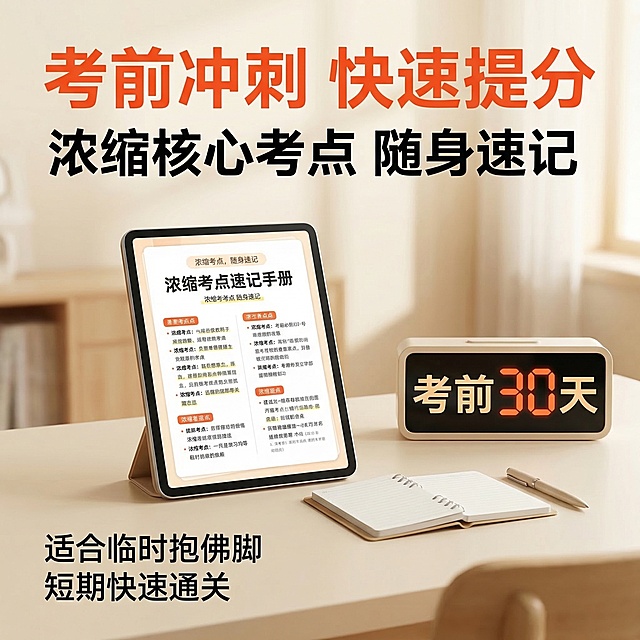 [主图主题] 考前冲刺速记优势主图
[氛围/风格] 紧迫感，高效冲刺，清晰突出
[画面元素] 背景是书桌场景，桌面上放着浓缩的考点速记手册电子版截图，旁边放着倒计时日历显示 "考前30天"，营造冲刺备考氛围，光影柔和，背景虚化突出主体
[配色色系] 主色调：浅米黄书桌底色，搭配橙红色冲刺点缀色，温暖有紧迫感
[视角构图] 平视，主体居中，浅景深突出产品
[文字版式] 大标题 "考前冲刺 快速提分" 加粗橙红色放在顶部，副标题 "浓缩核心考点 随身速记" 黑色放在主标题下方，左下角标注 "适合临时抱佛脚 短期快速通关"，黑色文字，排版简洁重点突出