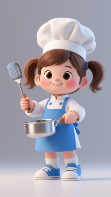 3D卡通风格，Q版人物，白色背景，一个戴着厨师帽、穿着白色厨师服和蓝色围裙、手持锅铲的小女孩，有着棕色双马尾、圆圆的脸蛋、大大的眼睛、微笑的嘴巴，脸颊泛着红晕，穿着蓝色鞋子和白色袜子，整体造型可爱、活泼、充满童趣，3D渲染，细节丰富，色彩明快，光影柔和，高光表现自然，构图居中，视觉焦点突出预览效果