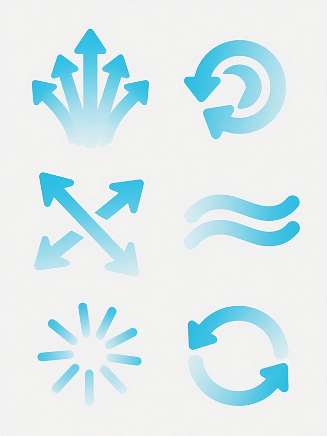 白色纯色背景上，六个同风格不同形态的气流图标元素规整排布，每个图标均采用渐变浅蓝色调，线条流畅自然，箭头尖锐清晰，形态各异包括多箭头向上汇聚、双箭头螺旋上升、箭头交错对流、箭头波浪状流动、箭头发散式扩散以及箭头环形循环，整体保持简洁现代的设计感，视觉层次分明，信息传达高效。