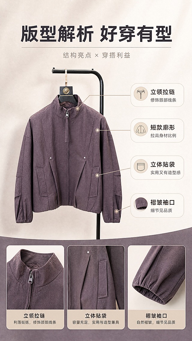 [商品] 使用【图1】暗紫色立领短款廓形夹克；商品处理：保留立领、中央拉链、抽绳、斜向分割线、胸前铆钉、贴袋、袖口褶皱、短款下摆、暗紫色和肌理感面料；自然去皱，理顺垂坠，增强面料织纹、缝线和五金质感，不改变版型和结构。
[画面] 目标：版型解析页，展示结构亮点与穿搭利益。构图：左侧为夹克正面全貌（挂拍或模特半身），右侧用引线标注关键结构；或上下布局，上方全貌、下方3个局部放大框。主体占画面约60%，景别为中景。前中后景：前景浅底卡片、中景夹克与标注线、后景同色系柔和背景。
[视觉] 套系策略：风格=高级感都市通勤杂志风；标题字=现代无衬线粗体，字重偏粗；正文字=简洁无衬线体；主色=暗紫棕调；背景延展=基于暗紫棕做深浅层级、同色系渐变和细腻纸张/织物质感；强调色=奶杏色，仅用于小面积图标、引线和标签；标题色=深炭灰；正文色=中暖灰；组件=圆角浅底信息卡、细线引线；光影=左前侧暖柔光，柔和自然阴影。
[文字] 顶部主标题「版型解析 好穿有型」。引线标注4处：立领拉链 / 修饰颈部线条；短款廓形 / 拉高身材比例；立体贴袋 / 实用又有造型感；褶皱袖口 / 细节见品质。文字横向排版，不遮挡主体。
[规格] 图片比例9:16竖版，4K分辨率，quality=medium。避免变形、错字、文字过小、冷蓝/蓝灰背景、衣服颜色改变、版型失真、极限词。