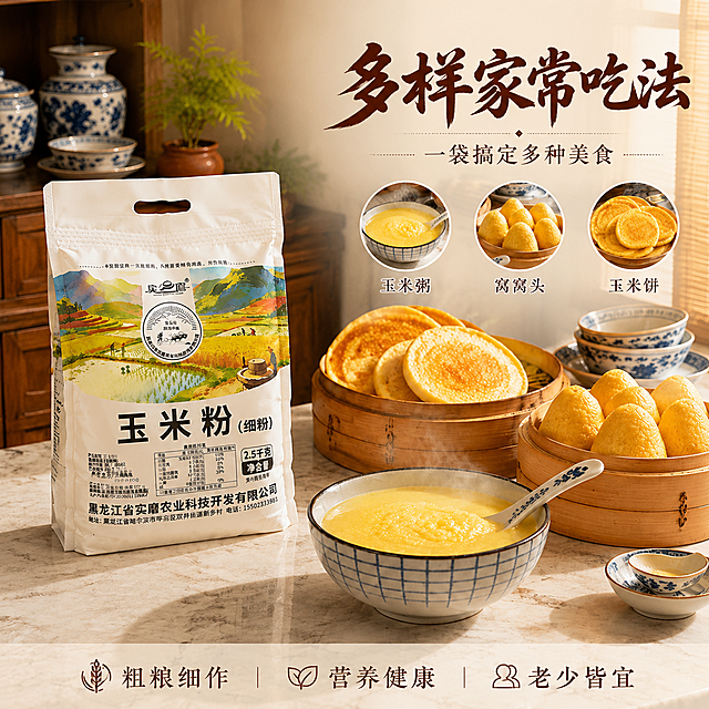 [主图-6] 玉米粉多样吃法场景图 中式厨房。
[氛围风格] 中式家常感 温暖丰盛 食欲感强。
[画质] 商业摄影质感 光线柔和 食物诱人。
[元素] 实磨玉米粉白色包装袋放置在大理石台面左侧 正面展示 袋身信息清晰 右侧摆放多种玉米粉制作的美食 前方大碗盛着热气腾腾的玉米粥 粥面冒着热气 碗里有青花瓷勺 右侧竹蒸笼里放着几个金黄玉米窝头 后方竹制蒸笼里叠着金黄玉米饼 背景是中式厨房 深色木质橱柜 柜上摆放青花瓷瓶 瓷碗 窗边有绿色盆栽 竹制窗帘透进暖光 保持产品外观与输入产品图一致 杜绝变形和色差 商品主体占比约45% 画面满屏无边框。
[光影] 窗边暖光 侧前方柔光 暖黄色调 食物表面有油亮光泽 热气朦胧 包装袋受光均匀 大理石台面有自然反光 整体氛围温暖丰盛。
[配色] 主色暖木棕 辅色米白 青花蓝 强调色玉米黄。
[视角构图] 平视微俯角度 产品在左 美食在右形成呼应 前景台面纹理 中景产品与美食 背景中式橱柜 景深中等。
[文字版式] 右上负空间右对齐 主标题多样家常吃法 粗笔刷书法字 深棕色 最大号粗体 下方辅助文案一袋搞定多种美食 细宋体 约半高 中间用三个小圆形食物图标横向排列 图标一 玉米粥 图标二 窝窝头 图标三 玉米饼 每个图标下配名称 底部半透明蒙层 写 粗粮细作 营养健康 老少皆宜。
[输出要求] 1:1比例 文字清晰锐利 超高清商业摄影质感。
[负向提示词] 变形 文字错乱 产品模糊 背景杂乱 水印 电商平台Logo。
