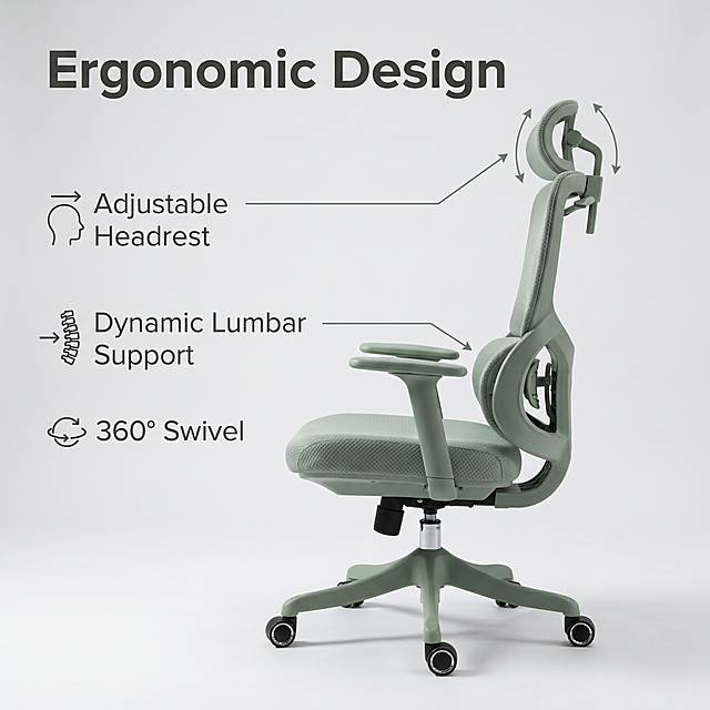 [Main Image 2] Ergonomic Adjustability Function Detail Image. [Atmosphere Style] Clean modern commercial style, Amazon cross-border compliance. [Quality] Commercial photography texture, soft and transparent light, clear and real product, clean and advanced picture. [Elements] Keep the sage green mesh ergonomic office chair appearance (physical structure, material texture, color) absolutely consistent with the input product image, eliminate any deformation and color difference, fine processing. This image focuses on showing the adjustable headrest and lumbar support, 45-degree side view, with thin line lead annotations pointing to the adjustable parts. Main title "Ergonomic Design" at top left, bullet points: "Adjustable Headrest", "Dynamic Lumbar Support", "360° Swivel" in the bottom negative space, each with simple icon. Background is clean light gray. [Lighting] Soft side studio light, clear hierarchy, no harsh shadow. [Color Matching] Main color sage green, background light gray, text dark gray for high contrast. [Perspective Composition] 7:3 composition, focus on adjustable structure, depth of field moderate. [Text Layout] All English, left alignment, title bold large font, description smaller font, strong contrast, text do not cover product main body, clear and readable. [Proportion Resolution] 1:1 proportion, 2K resolution, text clear recognizable, ultra HD. [Negative Prompt] Deformation, watermark, text confusion, blurred product image, messy background, Chinese characters