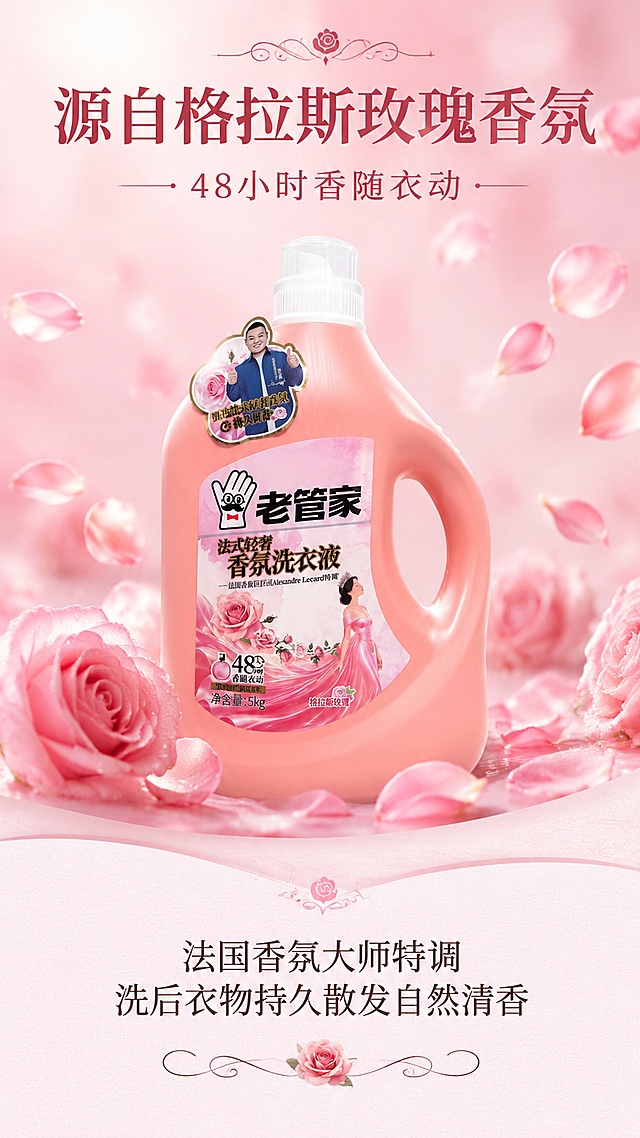 使用商品详情页技能根据商品图「图片1」生成详情页，参考图为，商品名称为老管家法式香氛洗衣液5kg，卖点为法式香氛 无磷无荧光增白剂深层洁净，适配平台为淘宝/天猫，图片比例为9:16，需求屏数为5张，