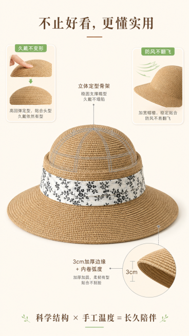 [第6屏] 结构解析页-帽冠支撑+帽檐弧度设计可视化。[氛围/风格] 产品解构示意图+轻拟物风；底色#F9F3EB。[元素布局] 中央为【图1】草帽正视图（结构标注版）：①帽冠内部用半透明浅灰线标出‘预览效果