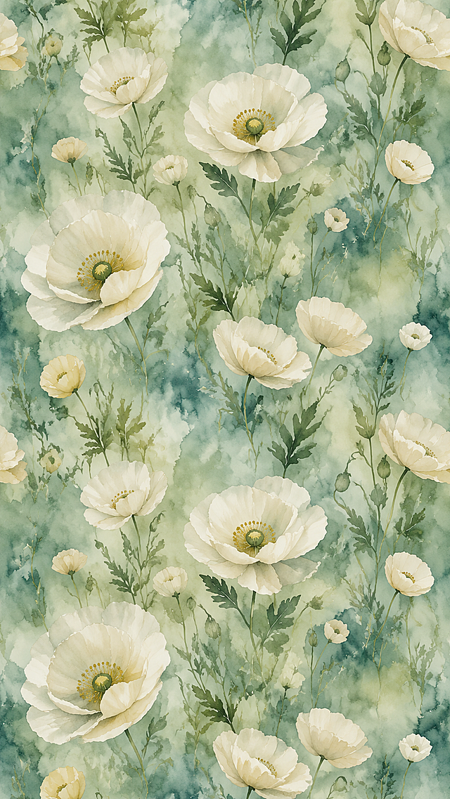 Seamless 4-way repeat watercolor floral pattern, dreamy poppy motif, on a gradient muted teal and sage green watercolor background with soft wet-on-wet wash texture, layered composition with three-tier floral hierarchy: large creamy white poppies with pale yellow centers as focal blooms, medium-sized poppies and tiny buds, delicate thin green stems and foliage in varying shades of sage, olive and deep green, soft and blurred edges with no harsh outlines, transparent watercolor wash texture, low saturation Morandi color palette, balanced and flowing natural arrangement, breathable negative space, seamless tileable, suitable for bed linen, curtain fabric and wallcovering, professional textile design, 8K resolution, ultra fine texture details, no bright saturated colors, cartoonish style, sharp edges, clear outlines, busy composition, neon tones, plastic texture, overexposed, harsh contrast, digital rendering, visible tile seams