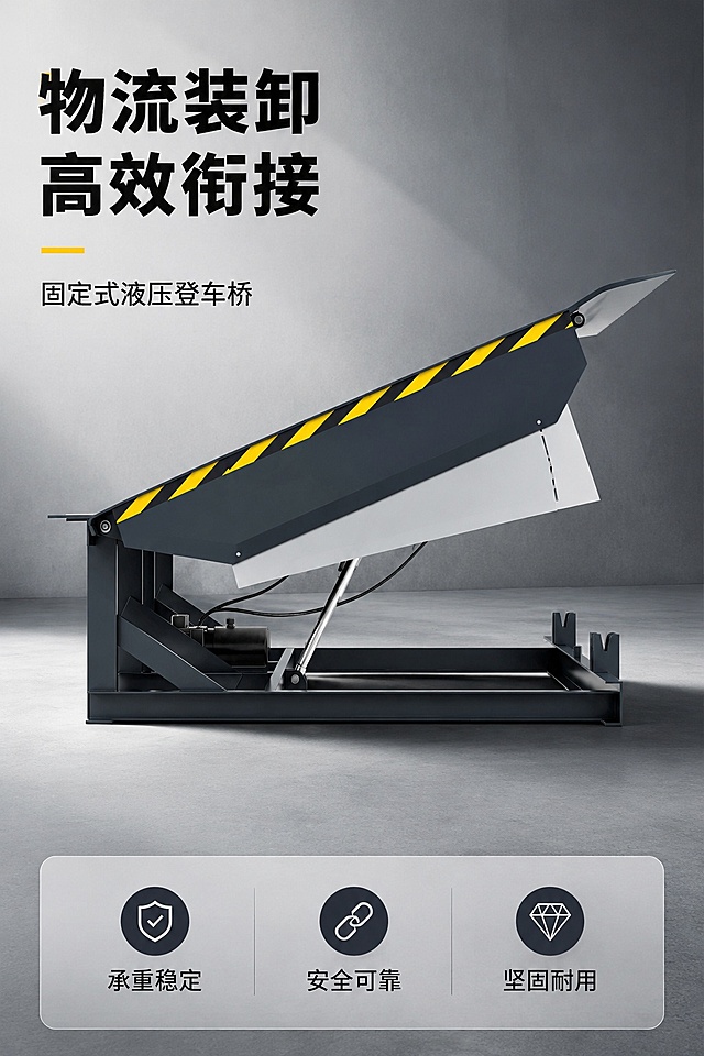 [第1屏] 详情页头图-固定登车桥产品宣传海报。本屏使用【图1】作为商品主体。
[氛围/风格] 工业专业风，深灰简约背景，硬朗商务质感，商业摄影呈现产品真实结构。
[元素布局] 固定登车桥主体放置于画面中心，占比约65%，左上角预留标题区域，下方搭配浅灰色渐变信息栏；保持产品物理结构、比例轮廓、关键部件、颜色与输入产品图一致。
[光影质感] 左前方主光布光，右侧辅助光补亮，产品底部添加自然阴影，突出金属机身立体感，结构清晰分明。
[配色色系] 全局底色 #F0F2F5，主色深灰工业风，辅助色黑色标题、黄色警示色点缀。
[视角构图] 45°斜侧视角，产品为绝对视觉中心，阅读动线左上标题→中部产品→底部信息。
[文字版式] 版式为左上标题+中心产品+底部信息栏。主标题「物流装卸 高效衔接」，副标题「固定式液压登车桥」，标题加粗清晰；底部信息栏标注「承重稳定 安全可靠」，文字不遮挡产品主体结构。
[比例分辨率] 9:16 竖版比例，4K分辨率，文字清晰可辨，高清画质。
[负向提示词] 结构变形，缺件错件，颜色偏差，水印，文字错乱，产品图模糊，背景杂乱