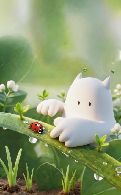 将植物改为惊蛰时节的春天状态，添加嫩绿新芽、细小的破土嫩草，点缀少量白色小花苞，整体色调清新柔和预览效果