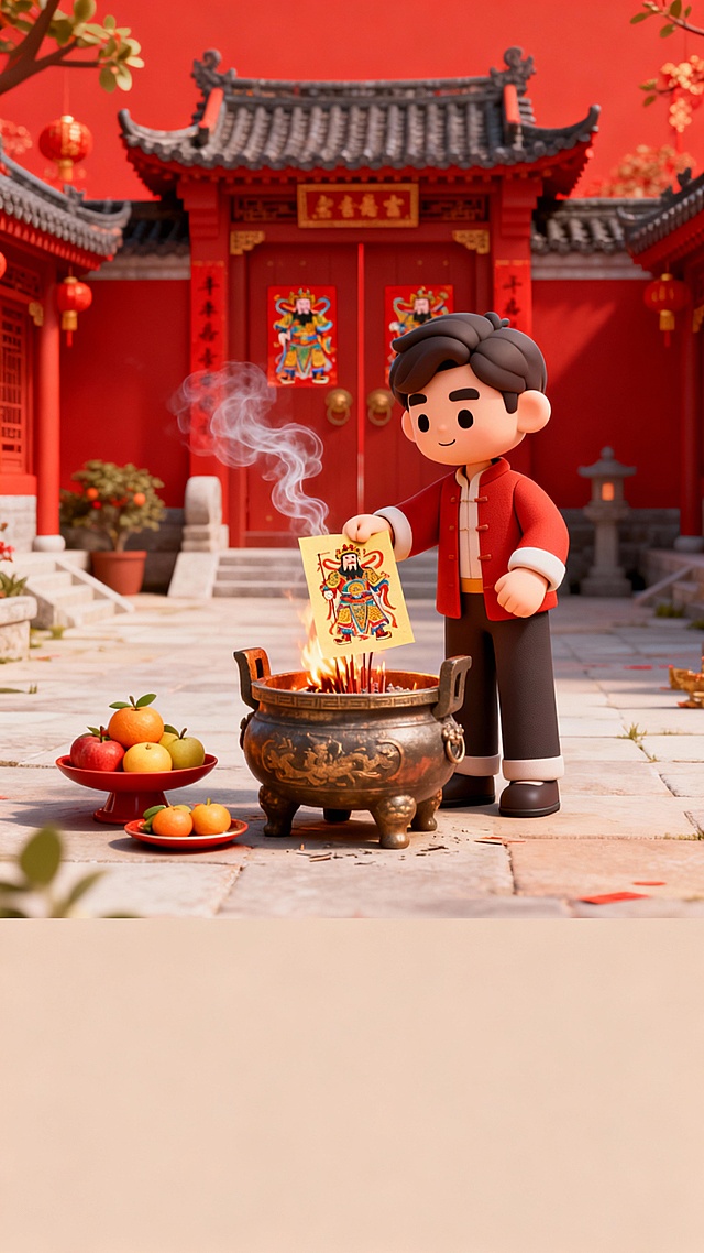 参考图片中的风格样式，制作从除夕到初七，共8张中国春节年俗海报（参考图的那张也要重新制作一张），海报中不需要民俗的具体文字，后期我会自己添加；场景根据年俗的不同而变化、每张海报的具体生成的民俗内容为：除夕：除夕守岁、初一：拜年贺岁、初二：回娘家、初三：烧门神纸、初四：迎灶神、初五：迎财神、初六：送穷神、初七：庆人日。海报尺寸为1242×2208，下方四分之一尽量没有主体内容，留白即可