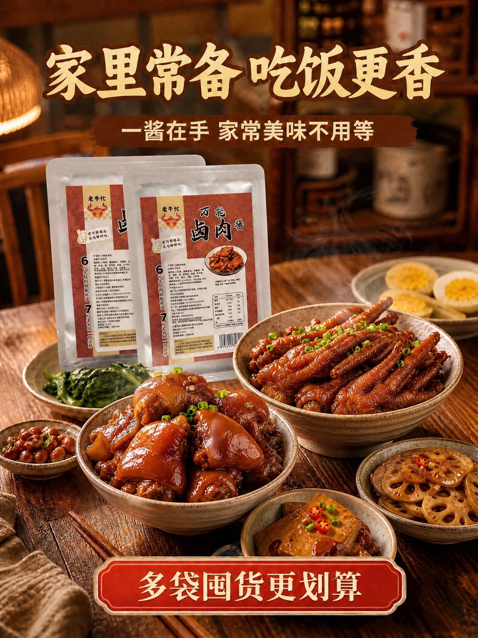 保持原图整体构图、暖棕木质餐桌、暖黄灯光、蒸汽氛围、顶部标题文… - 图片创意预览