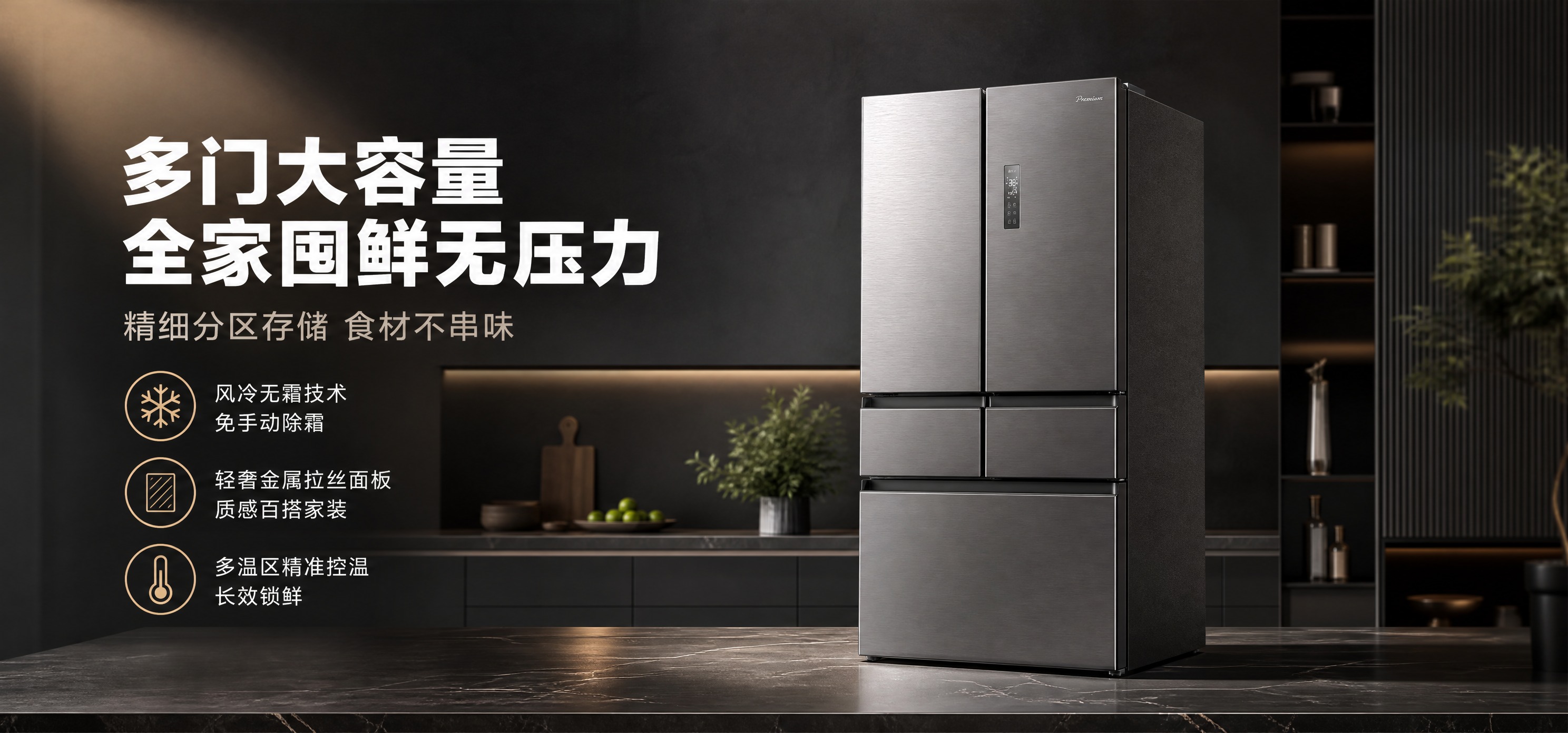 [单张主图] 多门大容量冰箱电商banner，高端质感路线，突… - 图片创意预览
