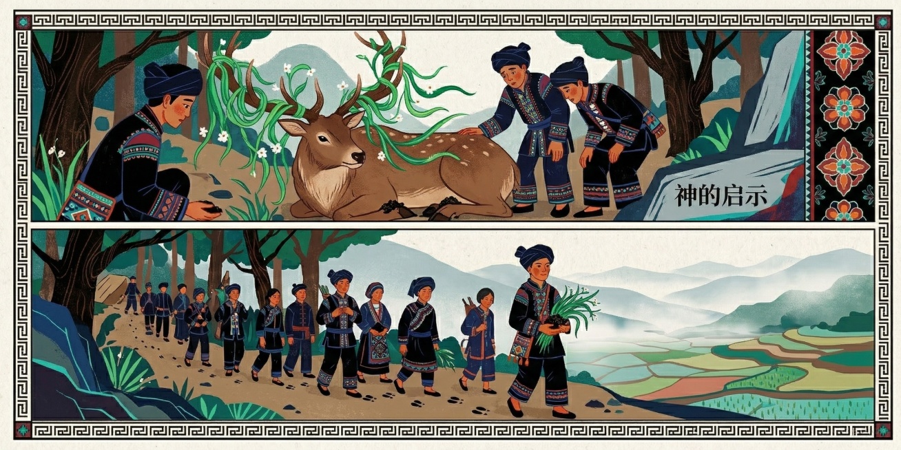 扁平风格民族绘本插画，拉祜族人在山上打猎，捕获一只大马鹿，角上缠着水灵草，蹄子夹着黑土，拉祜族人认为这是神的启示，预示远方有富饶新家园，人们拿着水灵草和黑土，沿着马鹿足迹出发追寻新家园，参考上传的扁平预览效果