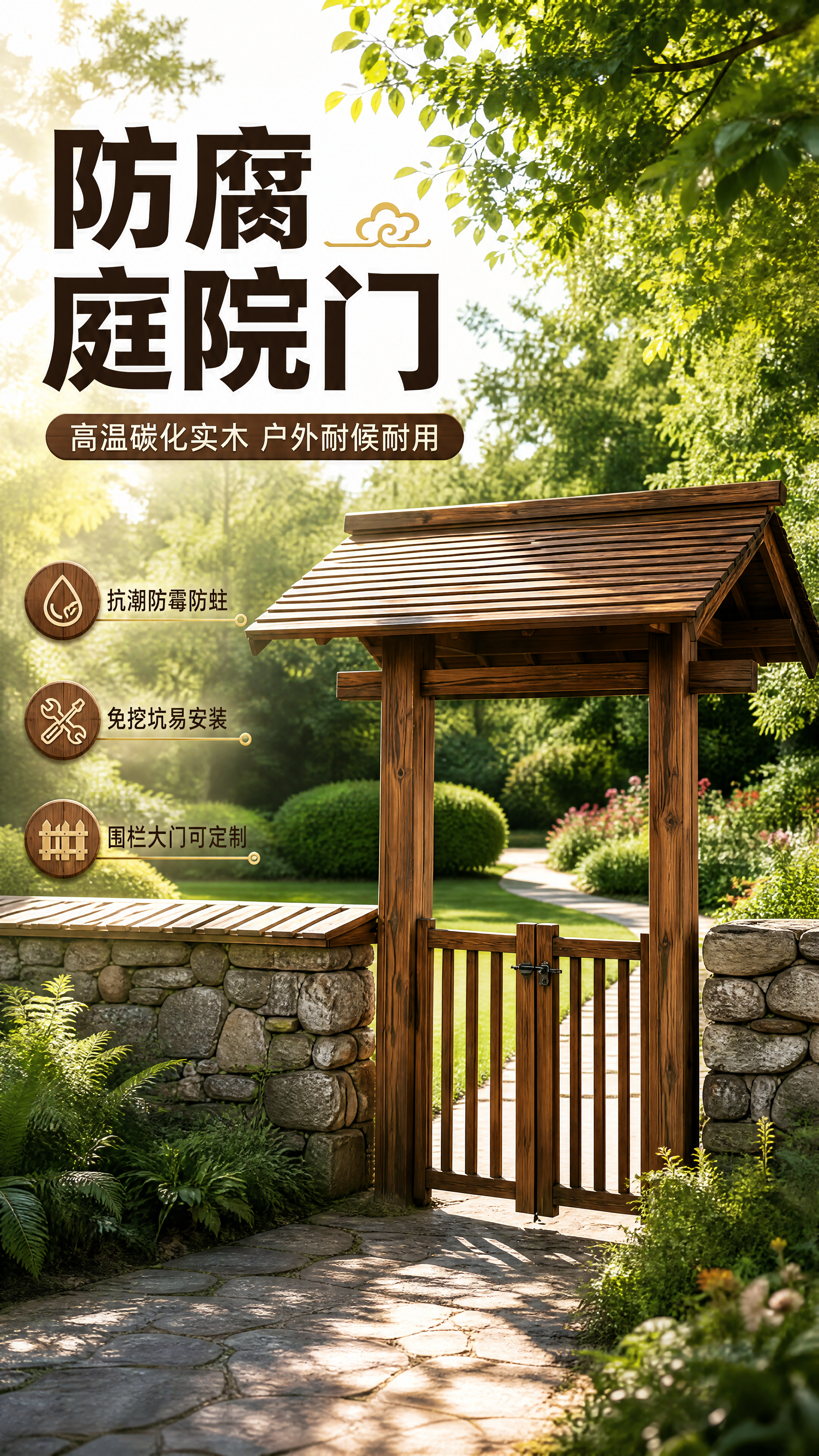 [商品] 使用【图1】高温碳化实木庭院门（带屋顶门楼+双开木门… - 图片创意预览