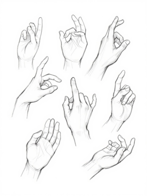 一张白色背景的手部姿势参考图，包含多个不同手势的手部素描，线条流畅自然，具有手绘速写风格，每个手部姿态各异，展现了不同的手指弯曲、伸展和组合形态，整体构图呈现环绕式排列，专注于手部结构和动态的清晰表达。预览效果