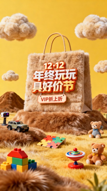 主视觉为一个大型毛绒购物袋，购物袋上展示3D文字 “12·12 年终玩具好价节”。购物袋上挂着小字标签“VIP折上折”，背景为高饱和黄棕色配色，微缩元素（积木、遥控车、毛绒玩偶、拼图、陀螺）分散装饰。预览效果