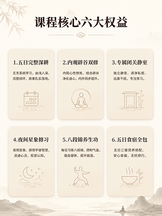 主标题
黄河灵韵 · 岩彩壁画
纯正内观、古法辟谷 · 五日闭关研修

副标题
火龙王隐学一派嫡传主持 · 零基础无忧入门 · 循序渐进系统进阶

---

▎课程核心六大权益

1. 五日完整深耕
      系统学习黄河灵韵岩彩壁画全套古法技艺，从原生原料野外采集到专用物料筹备一站式全包。零基础稳步学成独立创作技法，结业原创成品可私人带走珍藏。
2. 纯正内观、古法辟谷双修
      深度融合纯正内观法门与古法辟谷术的正统修习，内外兼修，身心同步精进。
3. 专属闭关静室
      提供私密闭关静修空间，沉浸式封闭内观体验，远离尘嚣。
4. 夜间星象修习
      专属星空修习场，仰观星象排布，吸纳天地自然元气。
5. 八段锦养生功
      每日标配正统八段锦练习，调养身心，固本培元。
6. 五日食宿全包
      全程食宿一站式全包，无需额外筹备花销，专注修学。

---

▎课程费用
尊享价：6000元 / 五日全程研修
（名额权益长期有效）

---

▎适合人群

· 零基础艺术爱好者
· 寻求纯正内观、古法辟谷身心双修的践行者
· 对岩彩壁画、传统文化感兴趣的你

---

▎报名须知

· 闭关地点：静修缘园区
· 时间安排：一对一私人定制，根据您个人档期灵活预约，随时可开课（非固定排期）
· 同期人数：为保证教学品质，同期严格控制少量学员，并非名额限制，而是确保精微传授与沉浸体验
· 以缴费成功锁定档期，详情请咨询管家或客服

---

▎图片位建议（您可自行替换）

· 图1：黄河灵韵岩彩壁画作品特写
· 图2：火龙王晚上七号楼二楼那张照片
· 图3：在马山鬼谷子洞里的场景
· 图4：闭关静室（静修缘）内景
· 图5:  夜晚璀璨的星空图
· 图6：八段锦晨练剪影
· 图7：学员作品展示的那张照片

---

给我做一套禅修风格的详情页
