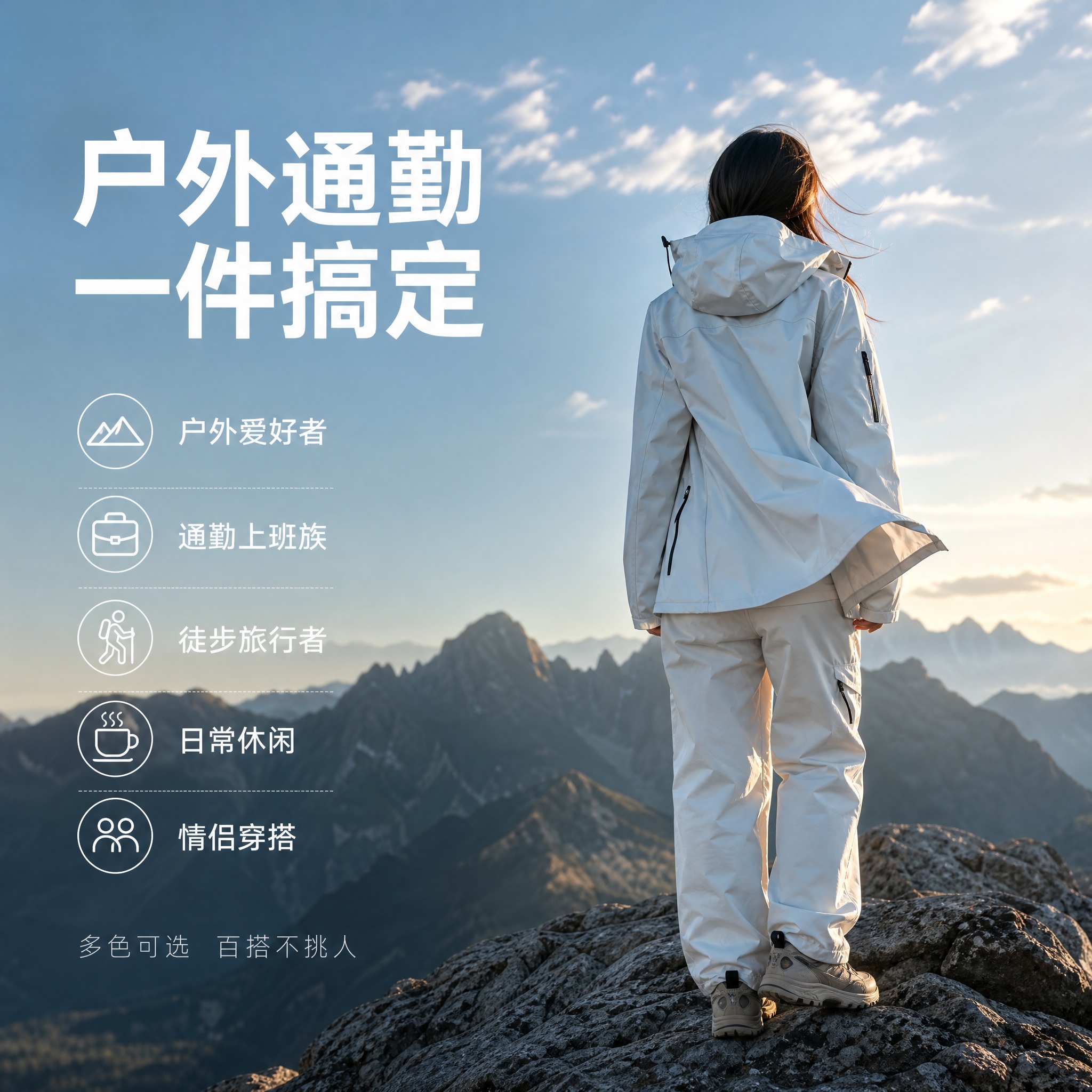 [主图-6] 浅冰蓝色户外冲锋衣 适用人群与场景总结图 [统一… - 图片创意预览