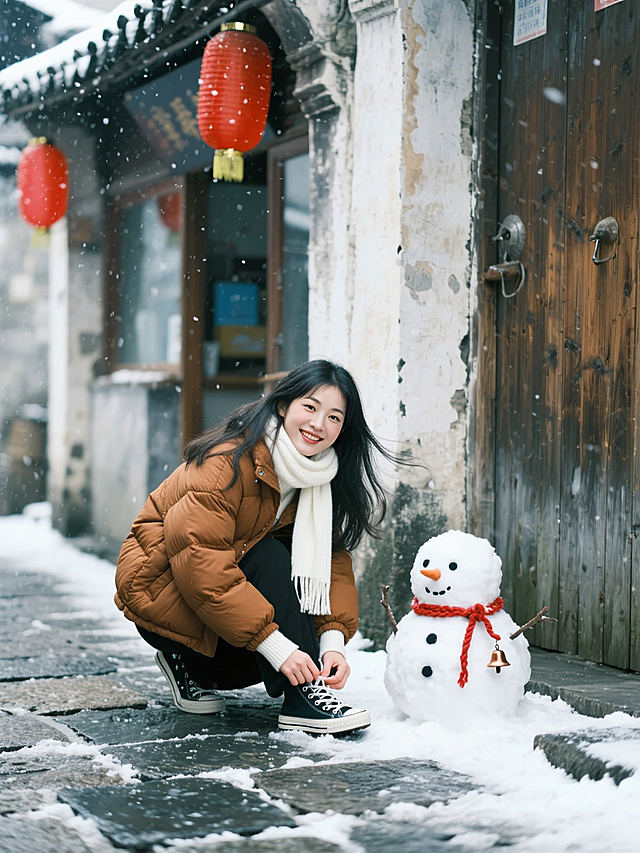 主视觉：女生穿焦糖色短款羽绒服，内搭白色高领毛衣，蹲在巷口石板路上系鞋带，抬头时嘴角带笑，眼睛弯成月牙，围巾一角被风吹到胸前。
场景细节：巷口老墙旁立着个迷你雪人，脖子缠了圈红色棉绳，绳尾挂着颗小铃铛；背景是斑驳的老店铺木门、屋檐下悬着的红灯笼，雪花落在青石板上，积出薄薄一层白。
