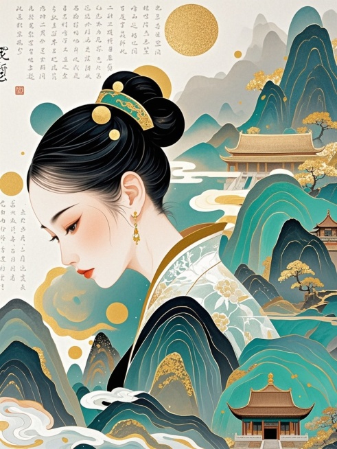 水墨晕染，女人与山水融合，女子头像四分之三侧面轮廓与山水中式建筑融为一体，双重曝光，青绿，柔和的色调，水墨画，晕染，极简预览效果