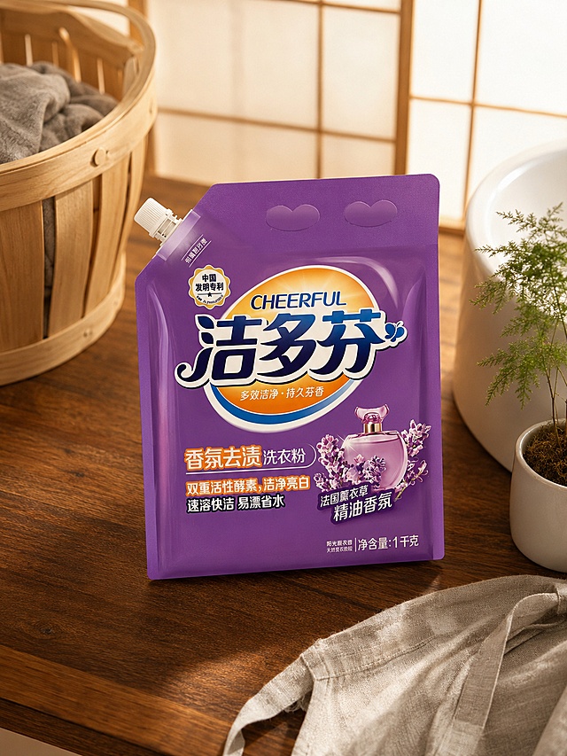 超写实电商产品场景摄影。
主体：洁多芬香氛去渍洗衣粉占画面65%，完整不裁切，绝对视觉主导，近景景别，洗衣粉包装严格参照上传产品图，完整保留所有可见组件、轮廓、结构、比例、材质、颜色与产品本体上的文字信息，与上传图完全一致；清除产品本体之外的营销信息，包装封口细节清晰可见。
构图与陈列：抬高15°俯拍，洗衣粉放置在胡桃木实木洗衣房操作台面上。
风格：日式素雅风。
场景概念：洗衣房黄昏松弛时刻。
承载与背景：①承载面：胡桃木实木台面；②背景：障子白色推拉门局部。
陪衬物：①台面左后方，原木色脏衣篮局部，浅原木色；②台面右侧，白色陶瓷洗衣盆一角，纯白色；③盆边放一株文竹小盆栽，翠绿色；④台面角落搭着浅灰色棉麻围裙，浅灰色。
配色：主60%胡桃木棕，辅25%障子白，点缀15%翠绿/浅灰/陶瓷白；材质为实木/棉麻/陶瓷/绿植。
光影：主光侧前方45°黄金时刻暖光，辅光环境反射补光，整体暖柔调，塑料包装有自然暖反光。
参数：4K写实光追。严格锁定宽高比为3:4。