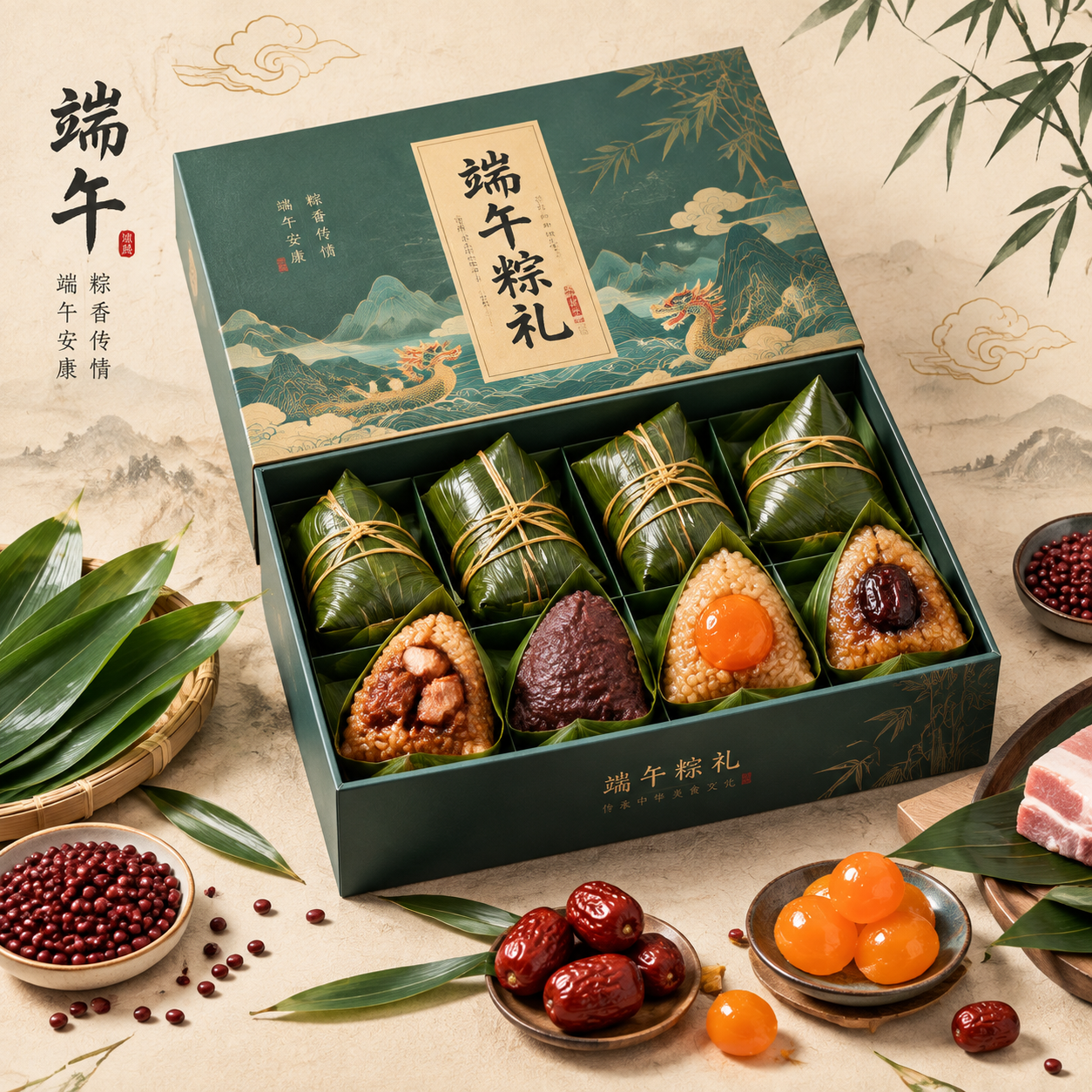 国潮风端午节粽子商品展示图，方形构图。画面中央为精致的粽子礼盒… - 图片创意预览