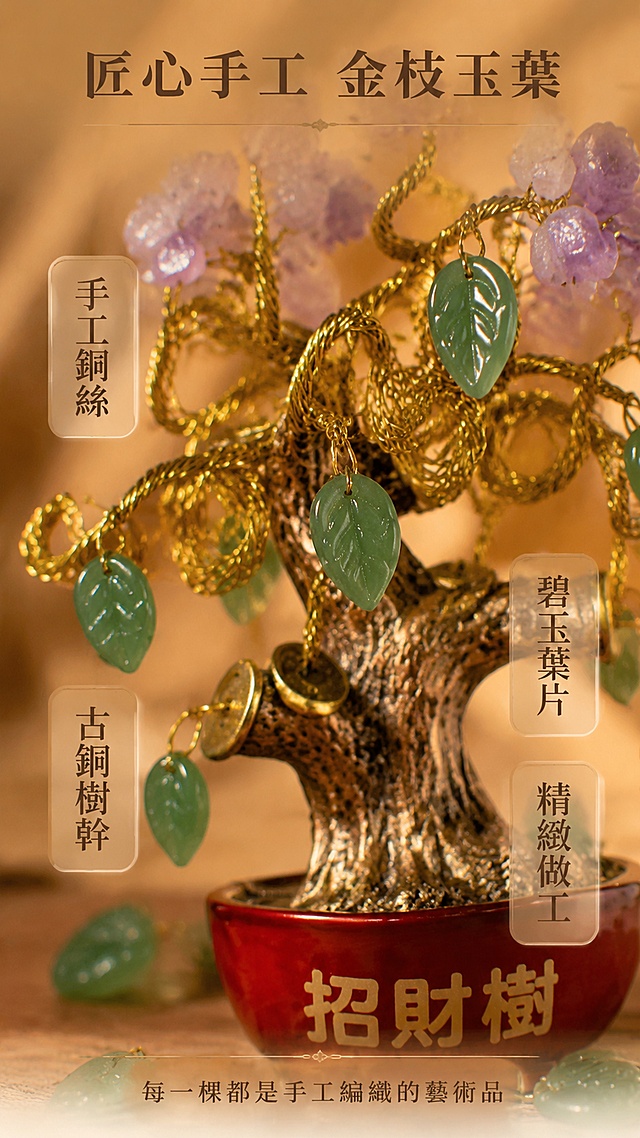 [第6屏] 工艺细节 · 铜丝树干与玉叶工艺展示。本屏使用【图1】作为商品主体，展示枝干缠绕工艺与玉叶细节。
[氛围/风格] 治愈能量系，匠心工艺风，暖棕金色调，商业摄影质感，精致细腻。
[元素布局] 画面中央偏上展示树干中部铜丝缠绕工艺特写，占比约60%；清晰可见金色铜丝手工缠绕纹理、树干古铜色质感、绿色玉叶吊坠的温润光泽；玉叶叶片纹理清晰通透；背景为暖棕色虚化的木质纹理；散落几片小玉叶装饰；产品工艺细节、材质颜色与输入图一致。
[光影质感] 侧光打亮铜丝金属光泽，玉叶有通透温润光泽，树干纹理立体有层次，整体质感高级。
[配色色系] 全局底色 #D4B896 暖棕木色；主色古铜金、墨绿玉叶；辅助色暖棕背景、金色高光。
[视角构图] 微距中景，居中偏上构图，焦点在铜丝缠绕与玉叶连接处，浅景深。
[文字版式] 画面顶部居中繁体字标题「匠心手工 金枝玉葉」；画面左右两侧各有两个信息标签：左侧「手工銅絲」「古銅樹幹」，右侧「碧玉葉片」「精緻做工」，圆角半透明标签；底部一行小字「每一棵都是手工編織的藝術品」；均为繁体字，深棕色字体。
[比例分辨率] 9:16 竖版比例，4K 分辨率，文字清晰可辨，高清画质。
[负向提示词] 产品变形，工艺模糊，颜色偏差，水印，文字错乱，简体字，质感廉价，背景杂乱。