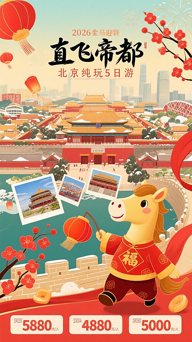 国潮插画风，拟人化金马手持灯笼，融合故宫、鸟巢等元素，红金配色尽显喜庆中式感，拼贴式景点照片增强趣味，春节主题旅游海报。