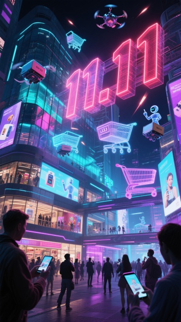 宏大的未来主义购物中心内部，巨大的全息投影的“11.11”标志悬浮在空中，散发着脉动的霓虹光芒，无数悬浮的购物车和快递无人机像流星一样在充满科技感的街道中穿梭，建筑是赛博朋克风格的，带有发光的玻璃和金预览效果