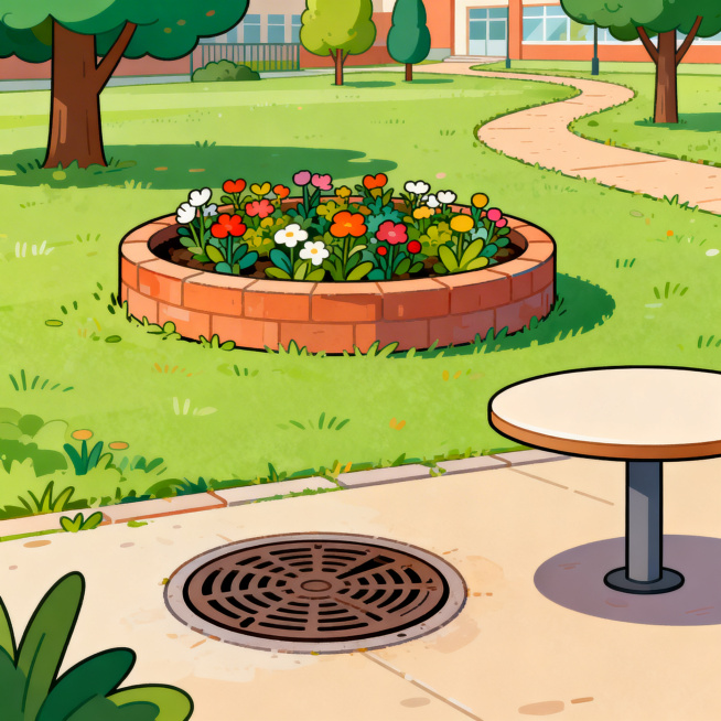 扁平化风格小学六年级数学课件素材，包含一个圆形花坛、一个圆形井盖、一张圆形桌子，背景为干净的校园公园场景，画风明亮可爱，适合教学课件使用预览效果