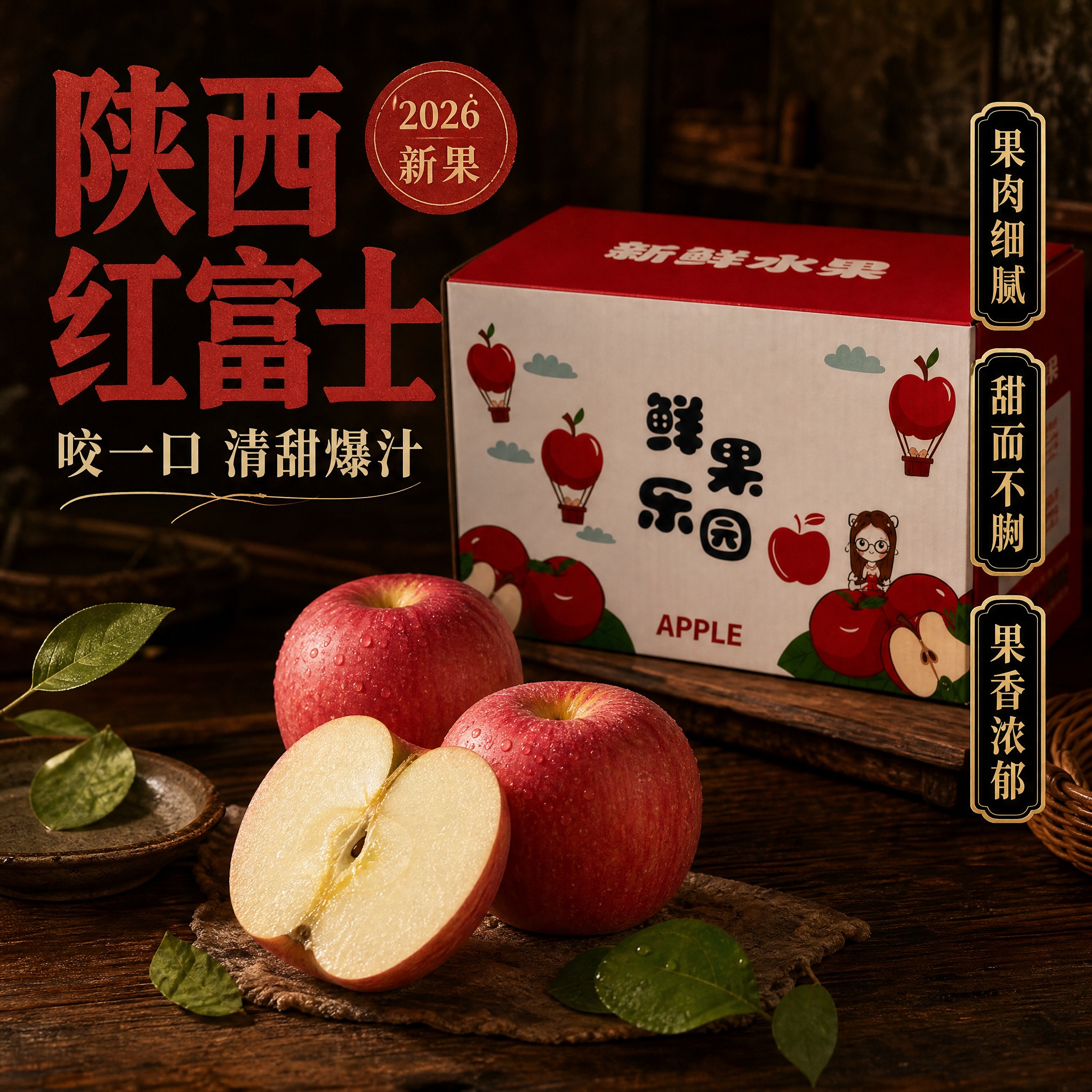 [主图-4] 深棕木质复古款陕西红富士苹果主图，营造暗调高级复… - 图片创意预览