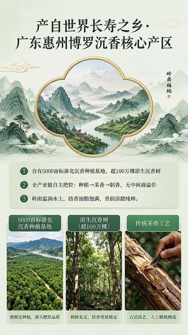 [第4屏] 产地信任背书屏，广东惠州博罗沉香种植基地展示。本屏使用【图4】作为参考版式。
[氛围/风格] 国风山水意境，自然清新，突出原产地生态优势。
[元素布局] 顶部大字标题，中间祥云轮廓镂空露出国风山水背景，下方文字信息区，底部三张小图展示沉香林、原生沉香树、古法采香。保持整体结构与参考版式一致，背景为水墨岭南山水风格。
[光影质感] 自然柔和光线，山水画清新透气，底部照片清晰真实，光影层次分明。
[配色色系] 全局底色 #F0F5E9；主色浅绿米白；辅助色深绿文字，金色描边。
[视角构图] 从上到下三段式构图：标题→山水产地→底部三图，信息层级清晰。
[文字版式] 顶部主标题「产自世界长寿之乡·广东惠州博罗沉香核心产区」。正文文案：1.自有5000亩标准化沉香种植基地，超100万棵原生沉香树 2.全产业链自主把控：种植→采香→制香，无中间商溢价 3.岭南温润水土，结香油脂饱满，香韵清甜纯粹。底部三张图分别标注：5000亩标准化沉香种植基地、原生沉香树(超100万棵)、传统采香工艺。文字清晰易读，排版透气不拥挤。
[比例分辨率] 9:16 竖版比例，4K分辨率，文字清晰可辨，高清画质。
[负向提示词] 文字错乱，文字过小，背景杂乱，水印，变形