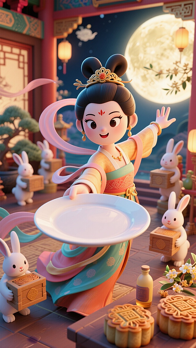 中式梦幻3D风，拟人兔子伴月圆，超现实中秋佳节，可爱嫦娥献月饼。