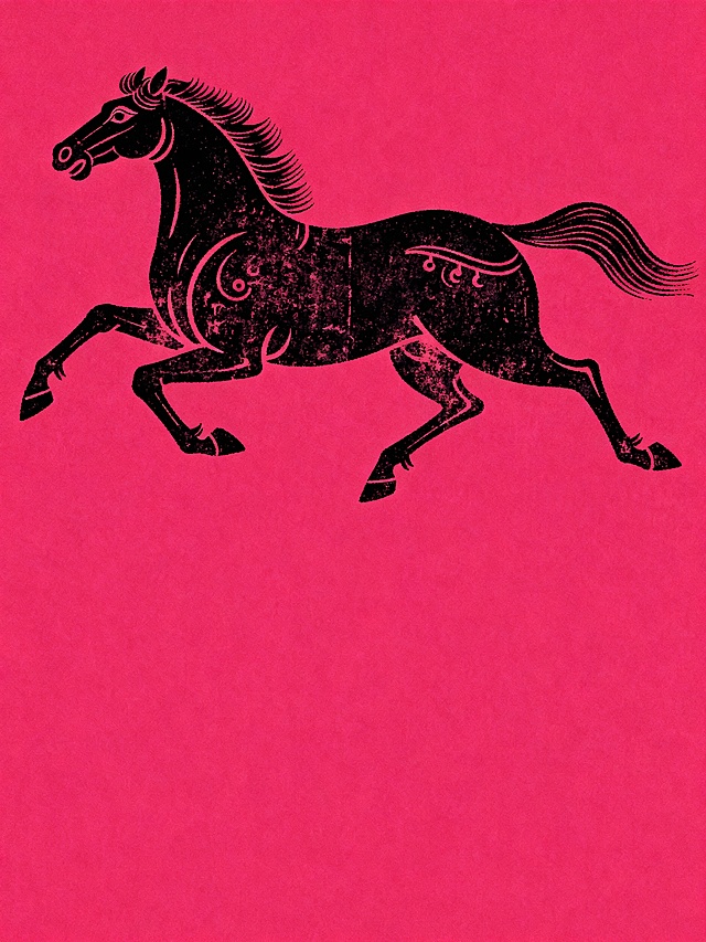 一匹奔跑中的马，敦煌壁画拓印，在画面中间，上下有空间，黑色油墨，胭脂红背景，扁平插画，丰富的细节表现出传统民俗特色，高级感，大师杰作。