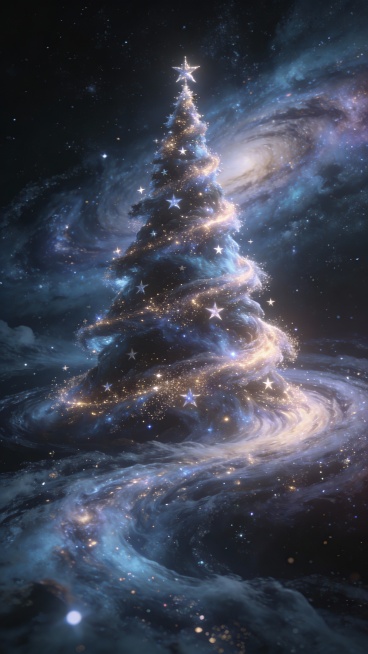 主体由星云与银河旋转形成的圣诞树，树身是发光的宇宙尘埃，星星作为装饰缓慢漂浮，圣诞树立体感，深空背景，梦幻科幻风，超高细节，电影级光影，8K预览效果