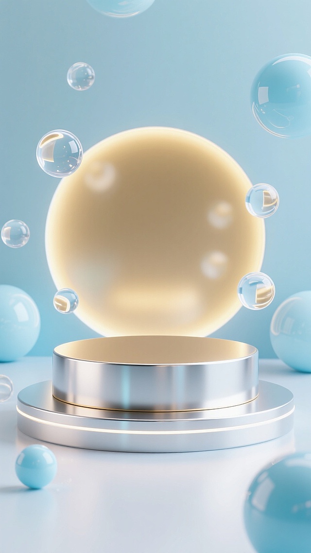 清新3D几何风，悬浮球体与气泡交织，简约现代设计，营造梦幻氛围。