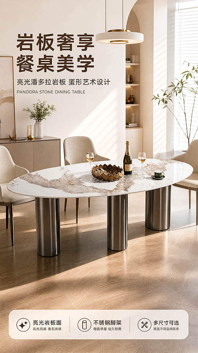 [第1张] 详情页头图-亮光潘多拉岩板蛋形餐桌轻奢餐厅主视觉海报。本张使用【图1】作为商品主体。
[氛围/风格] 现代轻奢亮色调，明亮通透，高级家居商业摄影质感，温馨自然光氛围。
[元素布局] 餐桌置于画面中下部，占比约55%-60%，蛋形亮光潘多拉岩板桌面纹理清晰，不锈钢黑钛三根圆柱脚架结构完整保留；背景为现代轻奢餐厅空间，有浅色餐椅、简约吊灯、艺术挂画、绿植装饰、木地板；桌面摆放精致餐具和装饰摆件，营造用餐氛围；产品物理结构、比例轮廓、材质质感、颜色与输入产品图一致。
[光影质感] 右上方柔和自然光为主光源，左侧辅光补光，桌面有自然高光反射，底部柔和投影，整体明亮通透有层次。
[配色色系] 全局底色 #F8F6F2 米白亮调；主色米白+岩板自然纹理；辅助色不锈钢黑钛金属灰、浅木色；点缀色金色装饰。
[视角构图] 45°斜侧微俯视，餐桌为视觉中心，阅读动线左上标题→中部餐桌→底部信息条。
[文字版式] 左上标题区+中部产品+底部信息条。主标题「岩板奢享 餐桌美学」，副标题「亮光潘多拉岩板 蛋形艺术设计」，两行无衬线粗体左对齐；标题下英文装饰「PANDORA STONE DINING TABLE」；底部信息条三个卖点胶囊「亮光岩板面」「不锈钢脚架」「多尺寸可选」；文字不遮挡桌面主体。
[比例分辨率] 9:16竖版比例，4K分辨率，文字清晰可辨，高清画质。
[负向提示词] 餐桌变形，缺件错件，结构错误，颜色偏差，水印，文字错乱，文字过小，产品图模糊，背景杂乱。