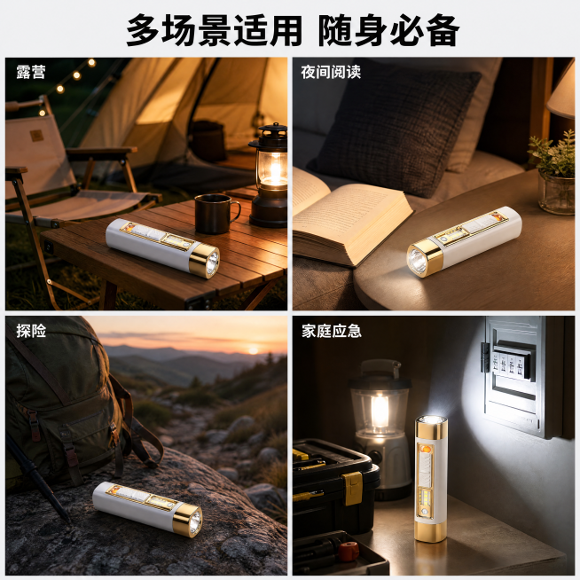 [第5屏] 多功能手电筒多适用场景拼贴展示
[氛围/风格] 多场景拼图展示，生活化氛围，真实自然，代入感强
[元素布局] 画面分为四个宫格区域，每个宫格展示一个适用场景，分别是：露营、夜间阅读、探险、预览效果