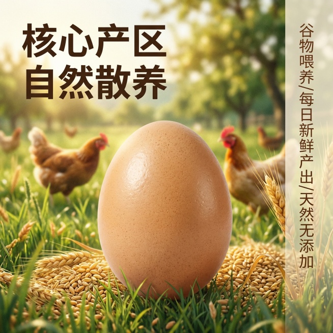 [主图主题] 农家散养鸡蛋核心卖点展示
[氛围/风格] 田园自然风，清晰通透，真实可信
[画面元素] 一颗完整的浅棕色农家鸡蛋放在前景，背景虚化展示农家散养土鸡在青草地觅食的场景，鸡蛋主体清晰突出，背预览效果
