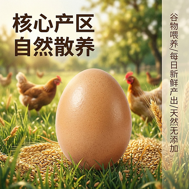 [主图主题] 农家散养鸡蛋核心卖点展示
[氛围/风格] 田园自然风，清晰通透，真实可信
[画面元素] 一颗完整的浅棕色农家鸡蛋放在前景，背景虚化展示农家散养土鸡在青草地觅食的场景，鸡蛋主体清晰突出，背景融合了谷物原料，凸显谷物喂养的核心卖点，自然暖阳光影，鸡蛋表面呈现自然光泽。
[配色色系] 主色调：浅棕鸡蛋色；辅助色：草地绿色、谷物金黄色，整体自然清新
[视角构图] 平视特写视角，鸡蛋主体位于画面偏左位置，背景场景自然延伸，景深突出主体
[文字版式] 左侧主标题 “核心产区 自然散养”，使用加粗无衬线字体；三条卖点文字 “谷物喂养/每日新鲜产出/天然无添加” 竖向排列在画面右侧空白处，字体纤细，颜色深棕，所有文字悬浮于背景，不遮挡鸡蛋主体。
[比例分辨率] 2k 分辨率