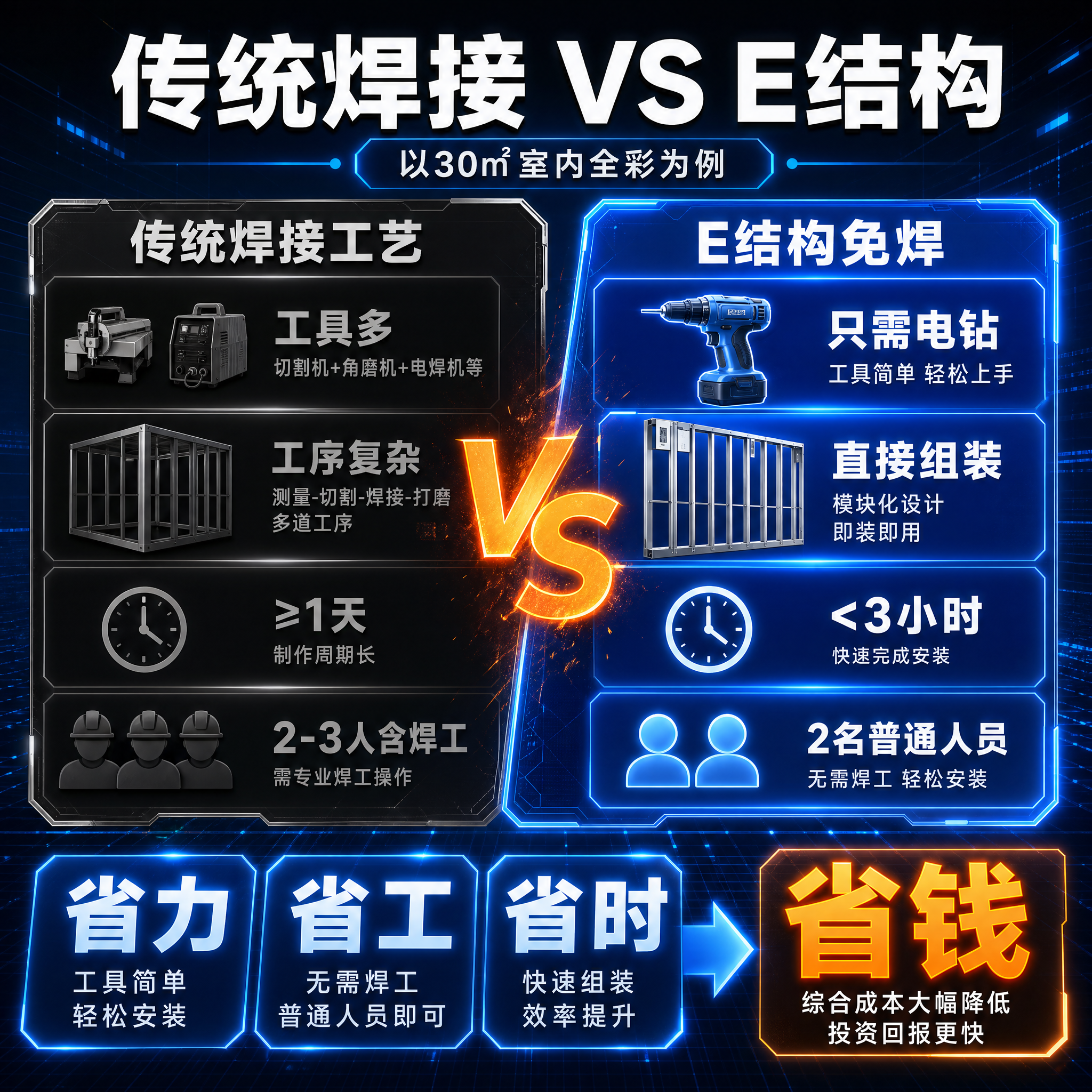 [深蓝色科技风-主图4对比] 经济性对比图，突出省钱省时省力卖… - 图片创意预览