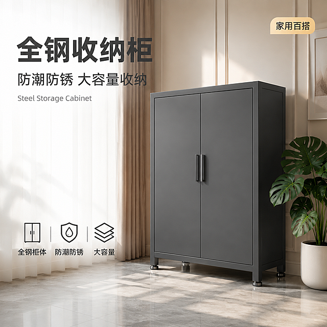 [单张主图] 全钢收纳柜 高级氛围感主图 淘宝天猫1:1首图。
[画面主体] 深灰色哑光全钢双门收纳柜，正面微侧45°视角，柜体四周完全去除金边，整体为纯深灰哑光全钢质感，拉手为同色系深灰金属长拉手，柜脚为深灰金属可调脚，保持产品外观结构、材质、颜色与输入产品图一致，杜绝任何变形和色差，精细化处理。商品主体占画面约60%，位于画面中右区域，完整不裁切。
[构图版式] 左文右物场景型高级感版式。左侧约40%区域为留白文案区，右侧约60%为产品与场景融合区；标题在左上，卖点图标在左下，产品自然落地于场景中。
[场景元素] 现代轻奢家居客厅角落场景，暖米色护墙板墙面，浅灰色大理石纹地砖，左侧半透明白纱帘透进午后自然光，地面有柔和的窗格光斑；产品右后方放置一盆龟背竹绿植（白色素面陶瓷盆，无金边），左前方角落有浅棕色布艺窗帘垂坠；背景软装丰富但不抢主体，营造整洁收纳的居家秩序感。画面满版无边框无底框。
[文案版式] 左上负空间左对齐，留安全边距：
第一行主标题「全钢收纳柜」，大号深灰色粗体无衬线中文字，字重醒目；
第二行副文案「防潮防锈 大容量收纳」，中号同色系略浅常规字重；
第三行英文装饰词「Steel Storage Cabinet」，小号细体同色系；
左下区域横向排列3个线稿图标+短卖点，图标为简约线性风格，深灰色：
图标1（柜体轮廓）配文「全钢柜体」
图标2（盾牌）配文「防潮防锈」
图标3（层板）配文「大容量」
右上角放置一个浅米色圆角小标签，深灰色小字「家用百搭」。
所有文字清晰可读，不遮挡产品主体。
[光影质感] 午后自然光从左侧纱帘斜射入室，主光为暖调柔光，在柜体正面形成柔和高光；右侧环境光补光，暗部有层次；地面投射自然柔和的柜体阴影，方向与光源一致；哑光钢板质感细腻，无强烈反光，金属拉手有窄边高光；整体通透不灰蒙，无廉价HDR。
[配色字体] 主色为深灰（柜体）+ 暖米白（墙面纱帘）；辅助色为浅灰（地面）+ 墨绿（绿植）；强调色为浅米色（标签）。字体为现代无衬线体，主标题粗重，副文案中等，卖点文字小号，层级分明。
[比例分辨率] 1:1比例，2K分辨率，文字清晰锐利，超高清商业摄影质感。
[负向提示词] 金边，金色装饰，金色拉手，变形，文字错乱，产品模糊，背景杂乱，水印，电商平台Logo，畸形结构，悬浮感，硬切边缘。