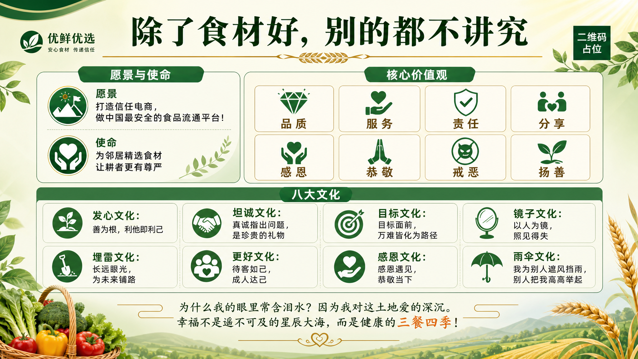 食品生鲜行业企业文化墙展板设计，横版公正常规版式，绿色为主色调… - 图片创意预览