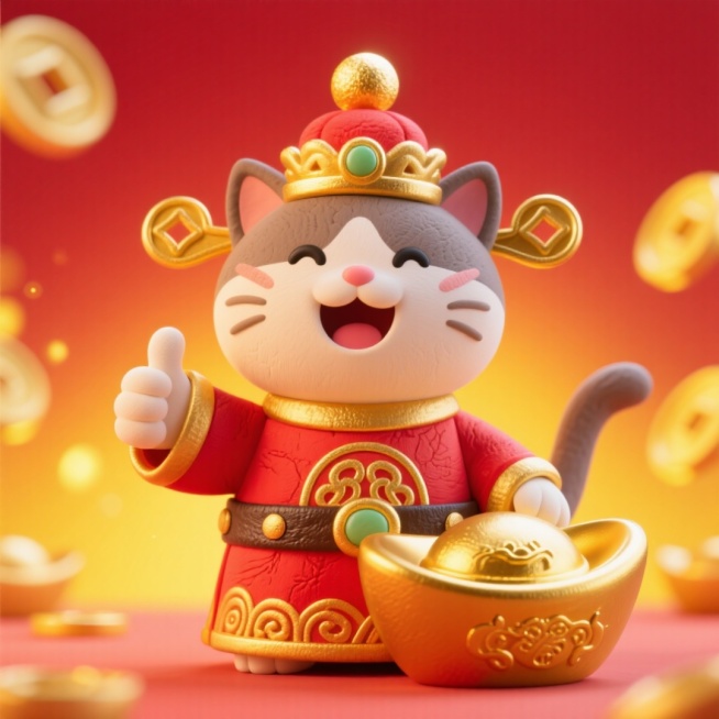 卡通可爱猫，扮作财神爷的形象，富丽堂皇的装扮，装饰傍身，珐琅金色球绒顶冠，红色官袍镶金边，粗鎏金纹饰皮腰带，一只手拿一个超大的金元宝，另一个手竖大拇指点赞手势，开心地笑，背后是黄色的光晕，绽放光芒，暖预览效果
