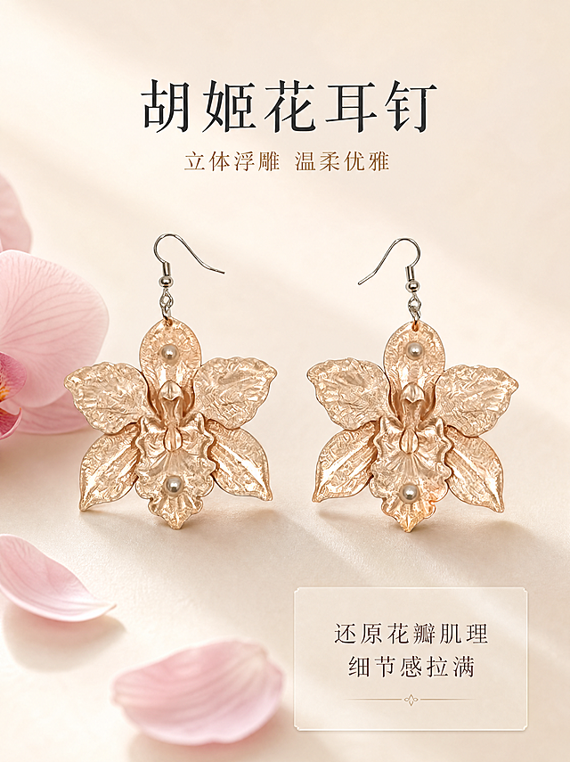[第1屏] 详情页头图-胡姬花耳钉新品宣传海报。本屏使用图1作为商品主体，保留产品原有的玫瑰金色立体胡姬花造型、花瓣肌理浮雕设计、珍珠点缀和银色耳钩结构、颜色与材质完全一致。
[氛围/风格] 高级轻奢珠宝风，温柔精致氛围感，暖调柔光，商业摄影质感，画面简约优雅。
[元素布局] 胡姬花耳钉主体放置在画面居中偏上区域，占据画面65%-70%主体比例。背景为浅米色渐变柔焦背景，搭配几片真实淡粉色兰花花瓣作为前景点缀，右下角加入浅香槟色半透明卡片作为文案区域，整体干净高级，突出产品质感。保持产品物理结构、轮廓比例完全一致，不得改变产品造型和颜色。
[光影质感] 左前方柔和主光突出花瓣肌理浮雕纹理，产品边缘保留自然阴影，金属光泽和珍珠高光清晰通透，整体明暗层次柔和，突出浮雕细节的立体感。
[配色色系] 全局底色：#F5F0EB（浅米杏）；主体配色：#E6C9A8（玫瑰金）+#FFFFFF（珍珠）+#D4D4D4（银钩）；辅助色：#F8D7DA（淡粉花瓣）+#2C2C2C（深灰文字）。
[视角构图] 正面平视，主体居中构图，景深适中，背景干净，突出产品主体，阅读动线从上到下。
[文字版式] 顶部主标题「胡姬花耳钉」，居中排列，深灰色优雅衬线字体，字号约为画面宽度的8%。主标题下方副标题「立体浮雕 温柔优雅」，浅棕色字体，字号约为主标题的40%。底部卡片区域卖点文字「还原花瓣肌理 细节感拉满」，分两行排列，文字不遮挡产品主体，排版简洁高级。
[比例分辨率] 3:4 竖版比例，4K分辨率，文字清晰可辨，超高清。
[负向提示词] 产品变形，结构错误，颜色偏差，花瓣肌理缺失，珍珠错位，水印，文字错乱，产品图模糊，背景杂乱，文字遮挡主体。