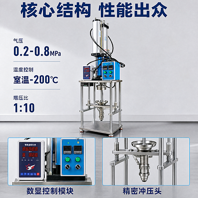 [主图-2] 气动增压冲压设备核心卖点展示
[氛围风格] 延续工业硬核专业风格，技术感强
[画质] 商业摄影质感、光线明快通透、产品清晰真实、画面干净高级
[元素] 保持产品整体外观（物理结构、材质质感、颜色）与输入产品图绝对一致，杜绝任何变形和色差，精细化处理。主体产品设备占据画面上半部分，下半部分分布两个结构细节画中画框图，分别展示控制显示屏区域和底部冲压工作头，每个框图下方标注对应名称。整体高信息密度技术页布局，信息层级清晰
[光影] 均匀工作台布光，金属结构高光清晰，细节区域光线充足，无暗部死黑
[配色] 浅灰色工作台背景，主体保持原有不锈钢银蓝白配色，框图用浅蓝细边框区分
[视角构图] 上半部分平视产品全貌，下半部分细节图平排，整体满版构图，不留白
[文字版式] 顶部大标题“核心结构 性能出众”，深蓝粗体；左侧竖排标注核心参数：气压 0.2-0.8MPa 温度控制 室温-200℃ 增压比 1:10，参数名小字参数值大字对比；每个细节框图下方标注对应名称“数显控制模块”“精密冲压头”，字色深蓝清晰不遮挡；整体层级分明，突出核心参数
[比例分辨率] 1:1比例，4K分辨率，文字清晰可辨，超高清
[负向提示词] 变形，水印，文字错乱，产品图模糊，背景杂乱，虚构造价，臆造结构