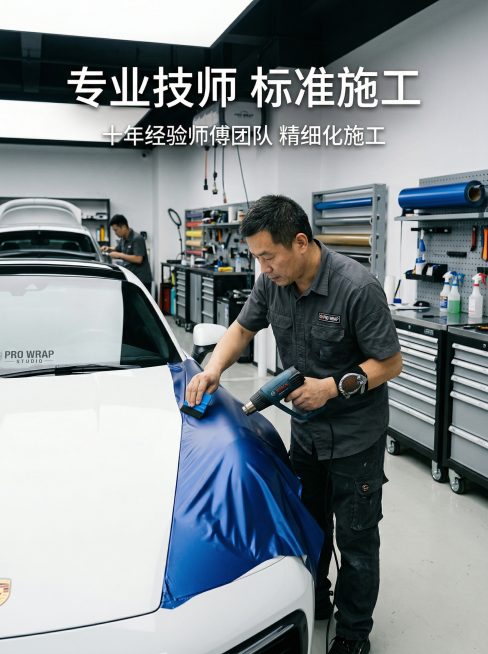 [主图 5：专业技师施工场景] 专业无尘贴膜车间场景，画面展示经验丰富的技术师傅正在精心为汽车贴改色膜，工具摆放整齐，车间干净明亮，氛围专业专注。主标题 "专业技师 标准施工" 在上方居中，副标题 "预览效果