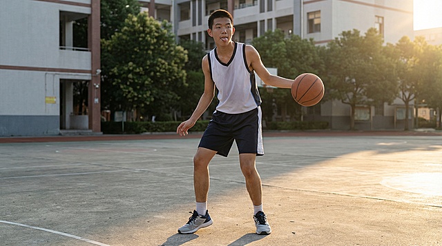 将线稿完善为摄影写实风格，人物为中国高中生，男生吐舌头，人物保持原有的动作姿态和角度不变，晴朗的初夏下午5点，阳光从照亮了男生右半边身体，形成一半受光一半阴影的侧光效果，整体画面具有写真摄影的质感