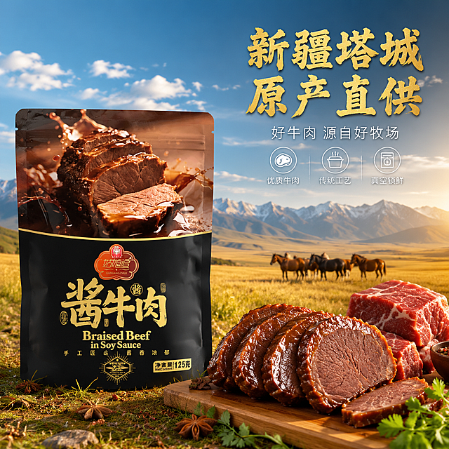 [主图-2] 新疆塔城产地溯源酱牛肉信任图。
[氛围风格] 新疆草原牧场风 自然真实 品质信任感 暖金色调。
[画质] 超高清商业摄影质感 光线自然通透 产品清晰真实 画面干净高级。
[元素] 画面左侧为姑娘追酱牛肉包装袋正面 完整展示 右侧背景为新疆塔城草原牧场风光 金黄草原 远处天山山脉 蓝天白云 阳光洒落 几匹马在远处草原上 呼应包装上的骑马卡通形象。前景草地上摆放切开的酱牛肉 色泽红亮 旁边有新鲜牛肉原料展示 体现真材实料。保持酱牛肉包装袋外观与输入产品图一致 杜绝变形色差。商品主体占比约60% 画面满屏无边框。
[光影] 自然午后阳光 从右侧照射 形成温暖金色光线 酱牛肉表面有自然高光 包装袋受光均匀 整体明亮通透 草原光影自然。
[配色] 主色草原金黄 + 酱牛肉红棕 + 包装黑色 辅助色天空蓝 远山青。
[视角构图] 平视略仰 包装袋在左 草原场景在右延伸 前中后景层次丰富 景深较大。
[文字版式] 右上负空间右对齐。主标题大字「新疆塔城 原产直供」 金色粗体书法字 最大号。副标题「好牛肉 源自好牧场」 白色细黑体 约一半大小。下方三个小图标横排 分别配文「优质牛肉」「传统工艺」「真空锁鲜」 白色图标+文字 小巧精致。
[输出要求] 1:1比例 文字清晰锐利 超高清商业摄影质感。
[负向提示词] 变形 文字错乱 产品模糊 背景杂乱 水印 电商平台Logo 多余手指 畸形手。